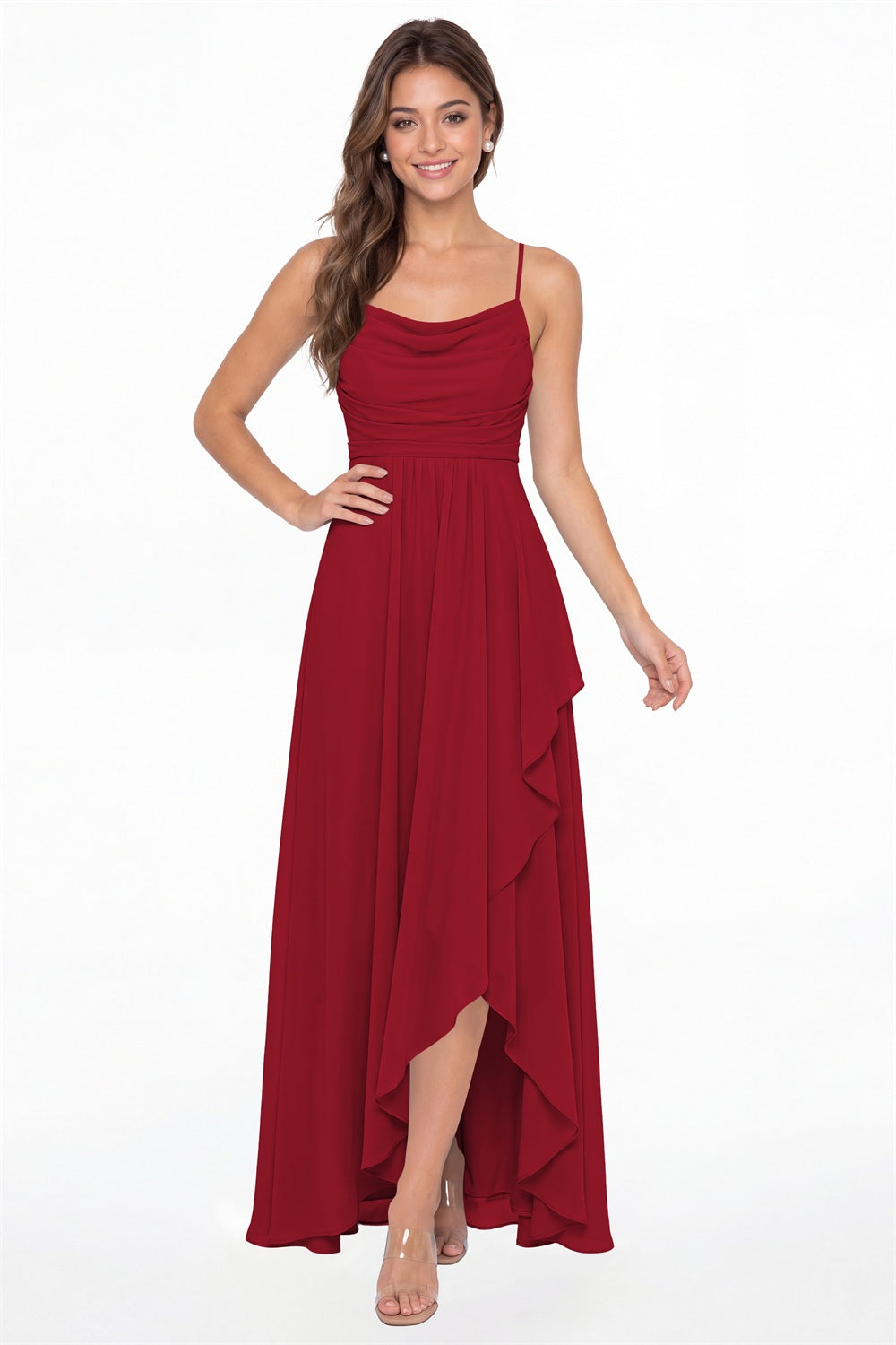 Wine Red Cowl Neck High Low Chiffon Ruched Maxi Gown - Front View
