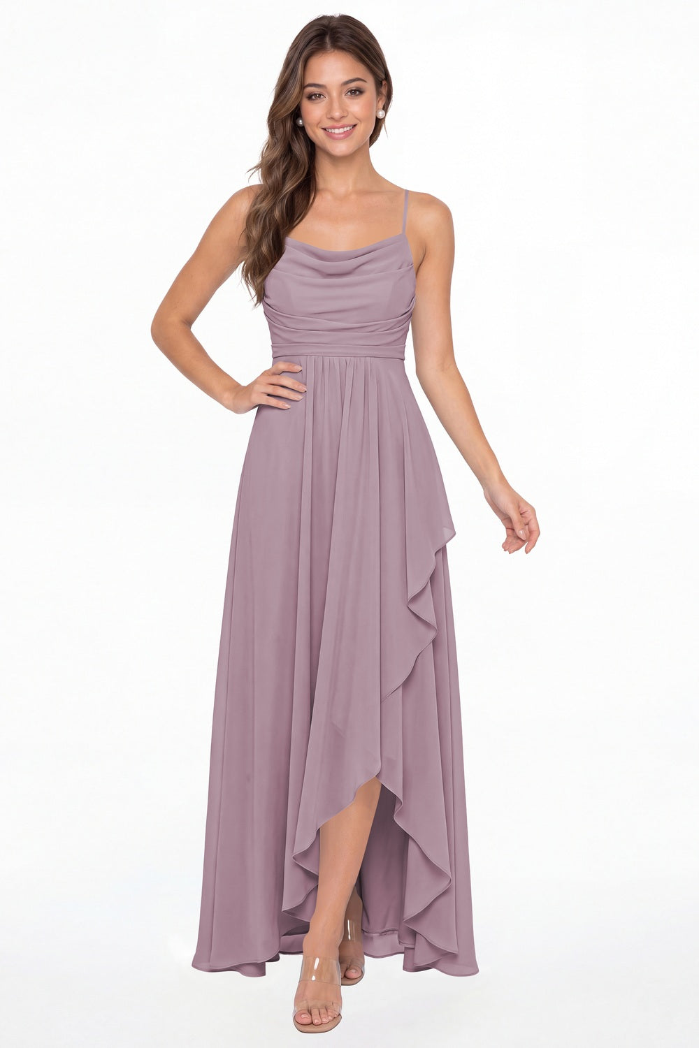 Wisteria Cowl Neck Chiffon High Low Bridesmaid Dress - Front View