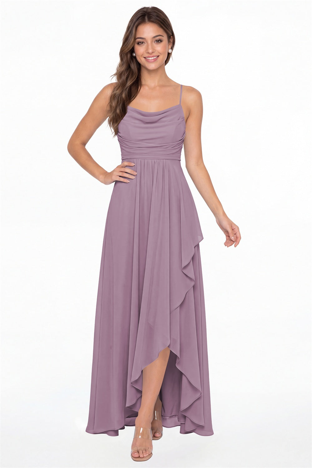 Wisteria Cowl Neck High Low Chiffon Ruched Maxi Gown - Front View