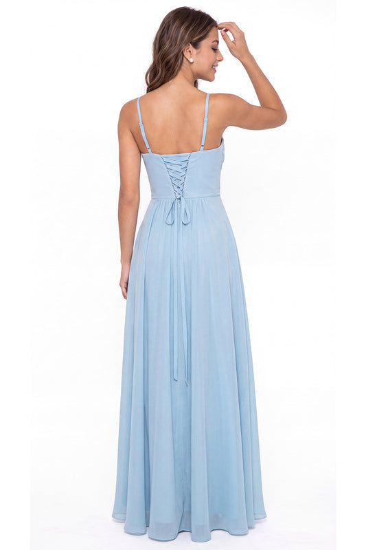 Aqua Blue Cowl Neck Chiffon High Low Bridesmaid Dress - Front View