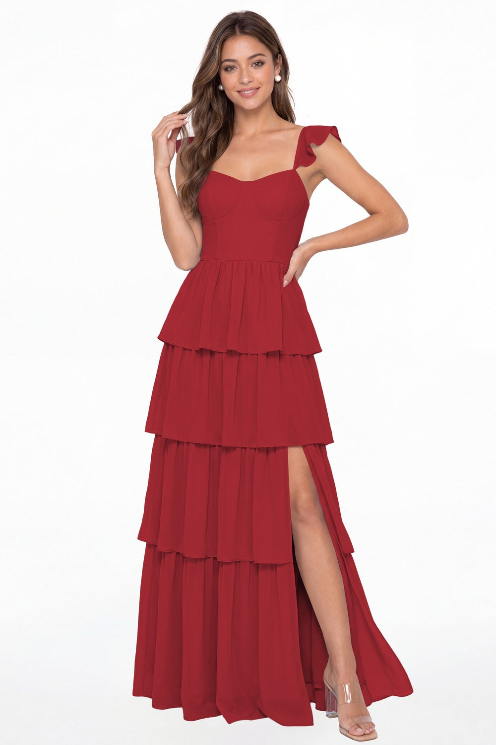 Wine Red Square Neck Tiered Chiffon Slit Maxi Bridesmaid Dress - Front View