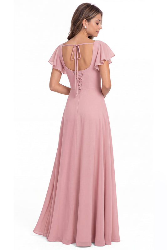 Square Neck Flutter Sleeve Chiffon Slit Maxi Dress - Back View