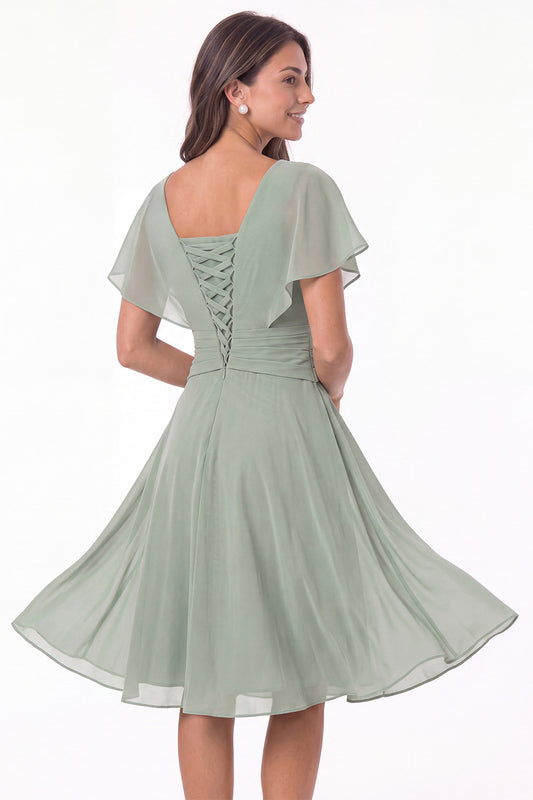 V Neck Flutter Sleeve Ruched Chiffon Midi Dress - Back View