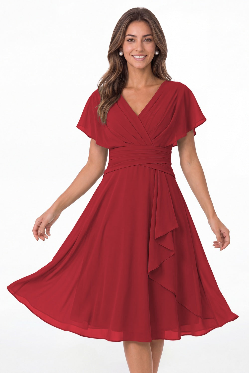 Wine Red V Neck Flutter Sleeve Ruched Chiffon Midi Dress - Front View
