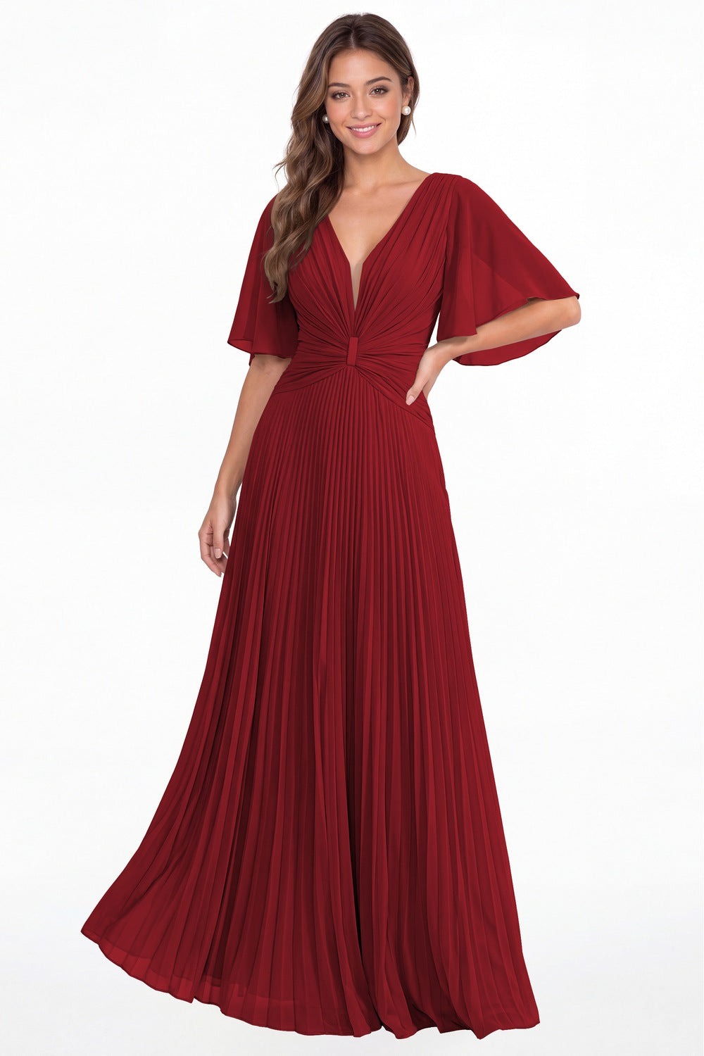 Wine Red V Neck Flutter Sleeve Pleated Chiffon Maxi Dress - Front View