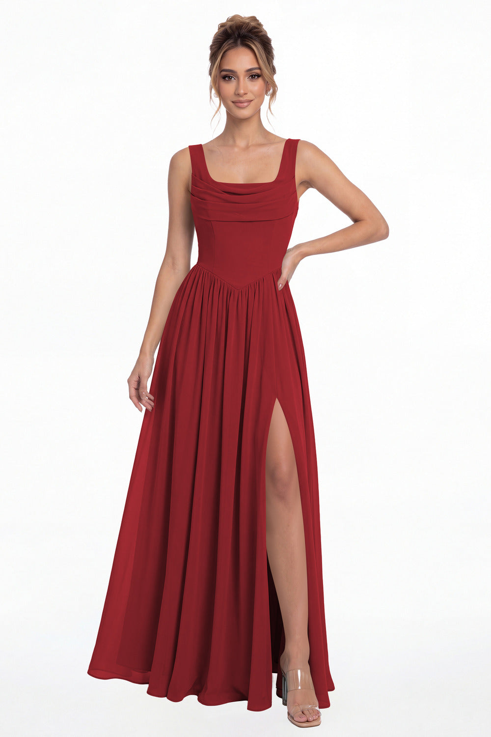 Wine Red Square Neck Chiffon Slit Maxi Gown - Front View