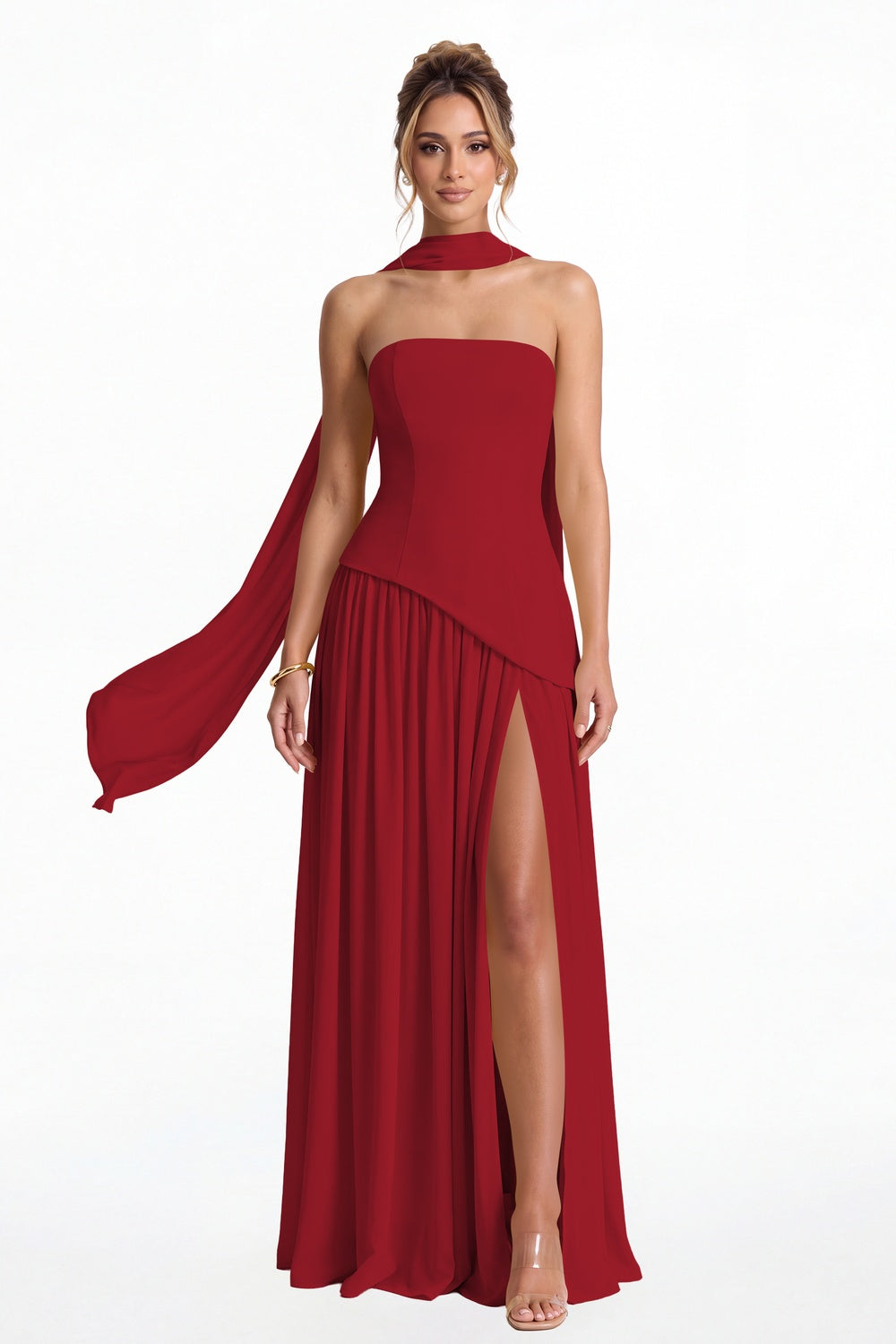 Wine Red Strapless Scarf Chiffon Slit Maxi Gown - Front View
