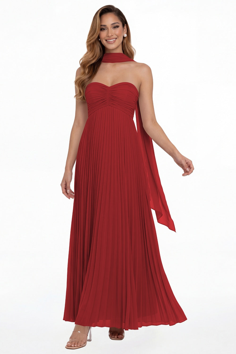 Wine Red Strapless Scarf Chiffon Pleated Maxi Gown - Front View