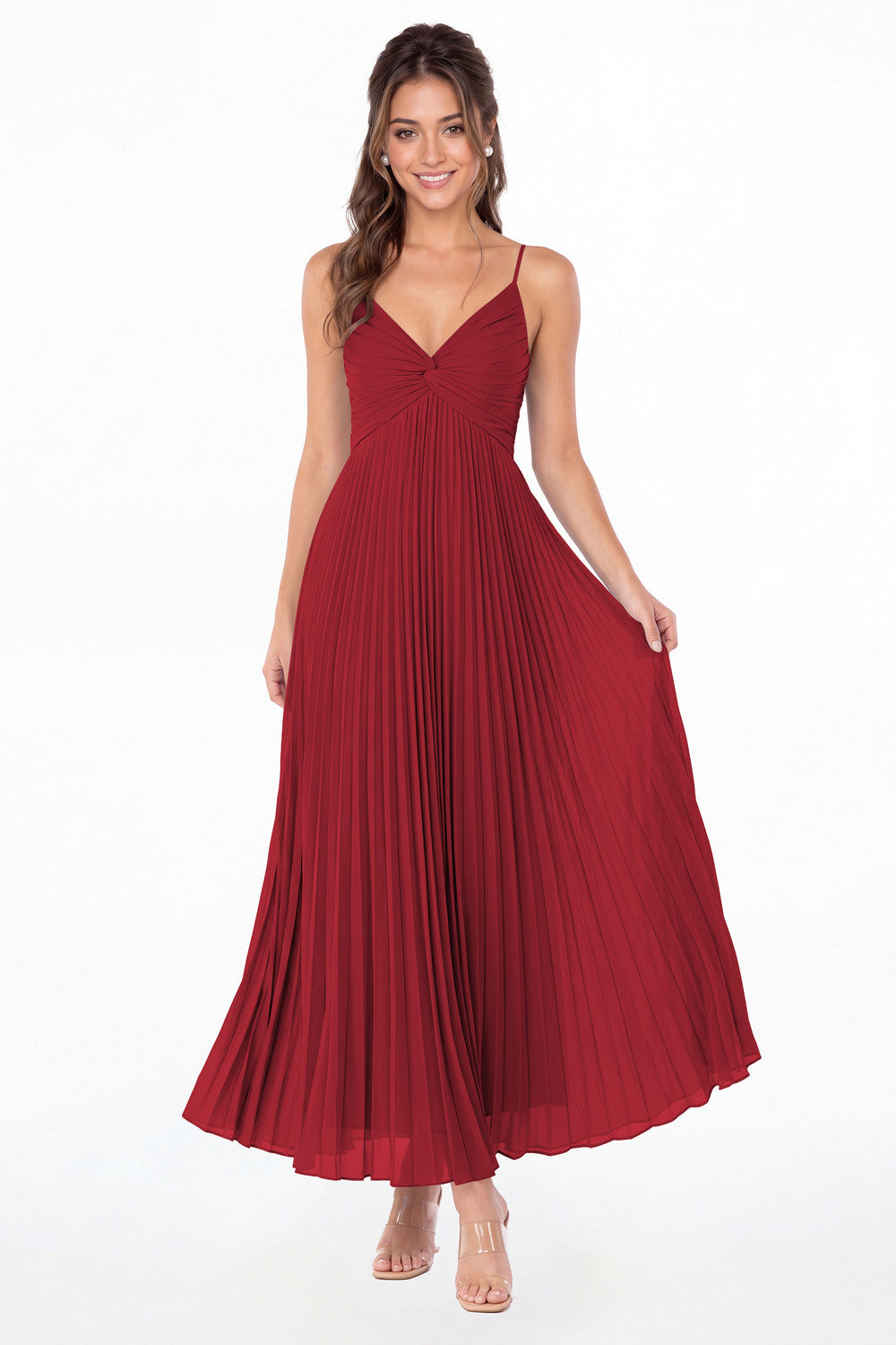 Wine Red Twist Front Pleated Chiffon Maxi Dress - Front View