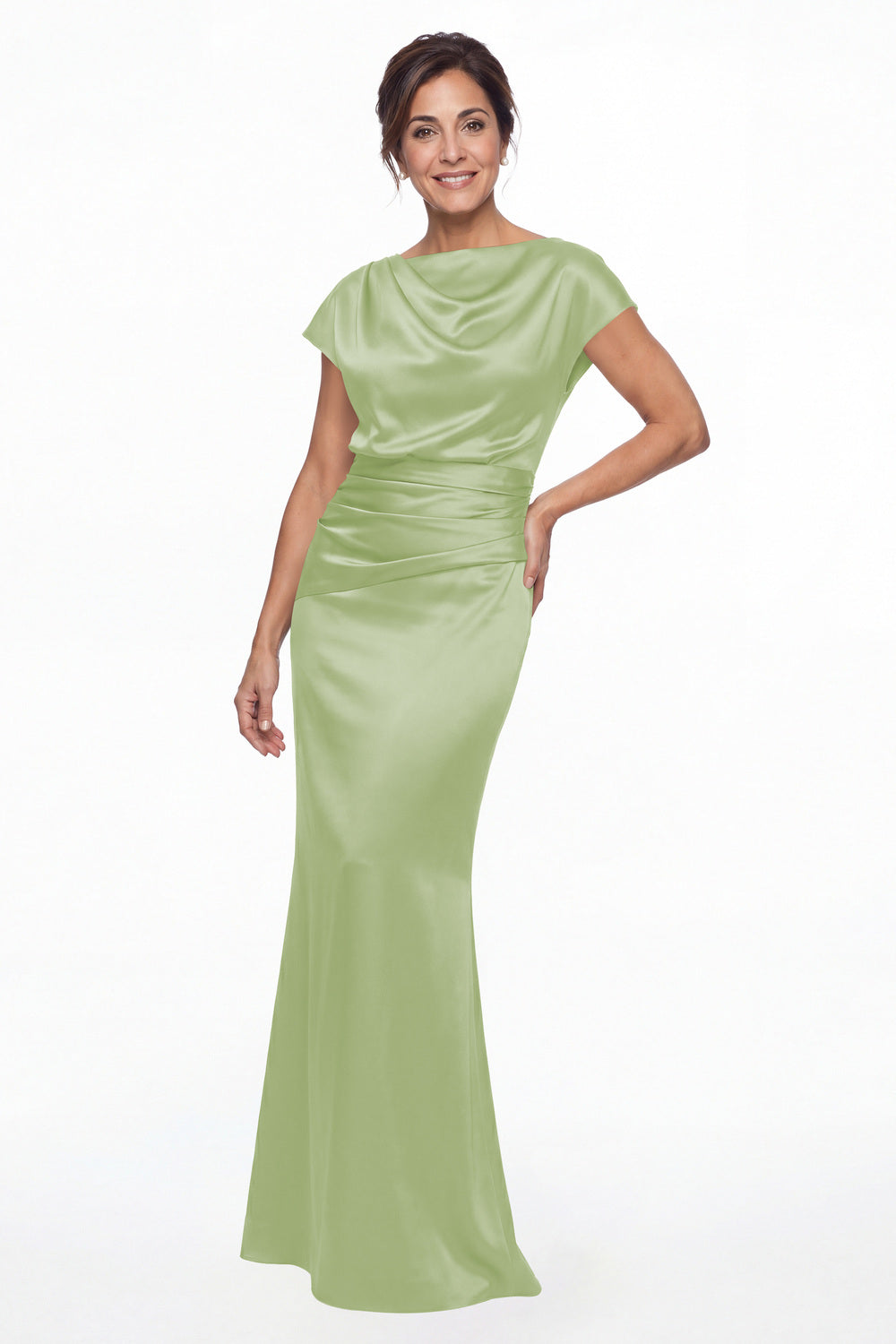 Sage Green Cowl Neck Ruched Satin Mermaid Maxi Gown - Front View