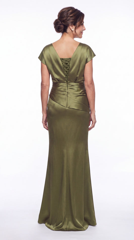 Cowl Neck Ruched Satin Mermaid Maxi Gown - Back View