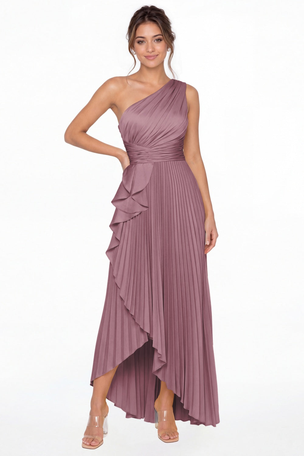 Wisteria One Shoulder Ruched Satin Maxi Dress - Front View