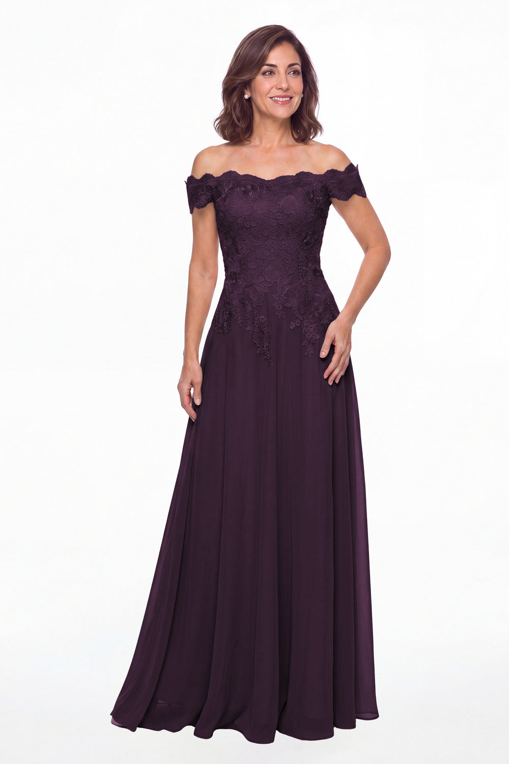 Plum Off Shoulder Lace Chiffon A-Line Maxi Gown - Front View