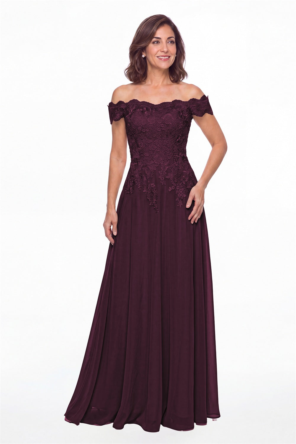 Plum Off Shoulder Lace Chiffon A-Line Maxi Gown - Front View