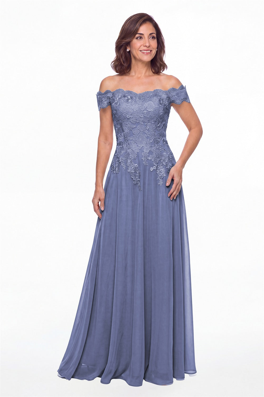 Steel Blue Off Shoulder Lace Chiffon A-Line Maxi Gown - Front View