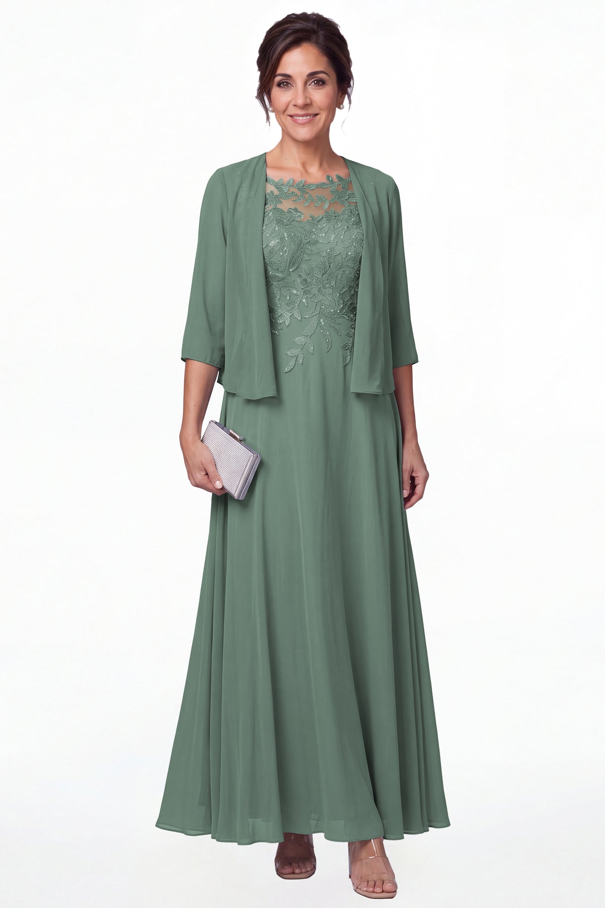Eucalyptus Two-Piece Lace Chiffon Maxi Gown - Front View