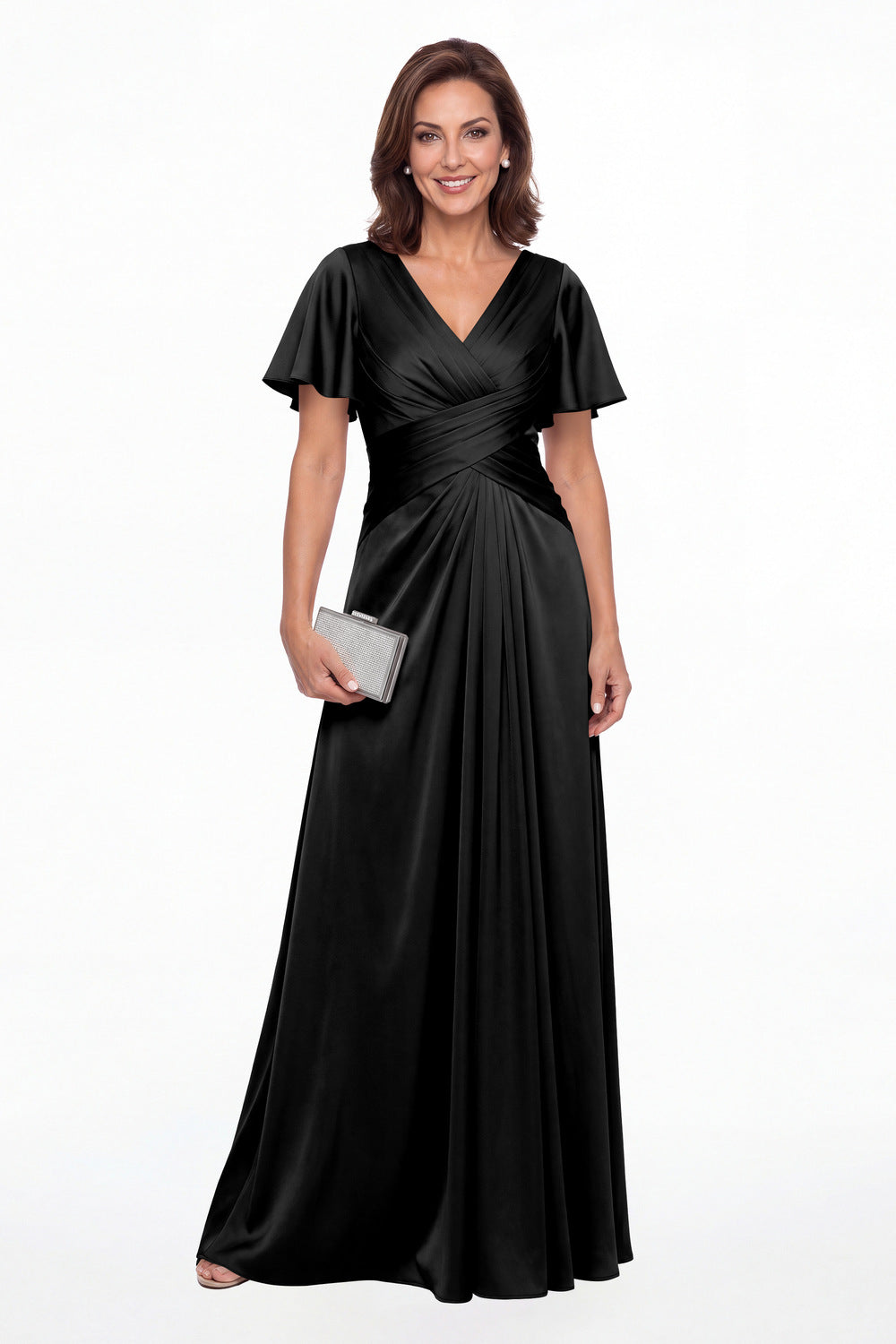 Black V Neck Ruched Satin A-Line Maxi Gown - Front View