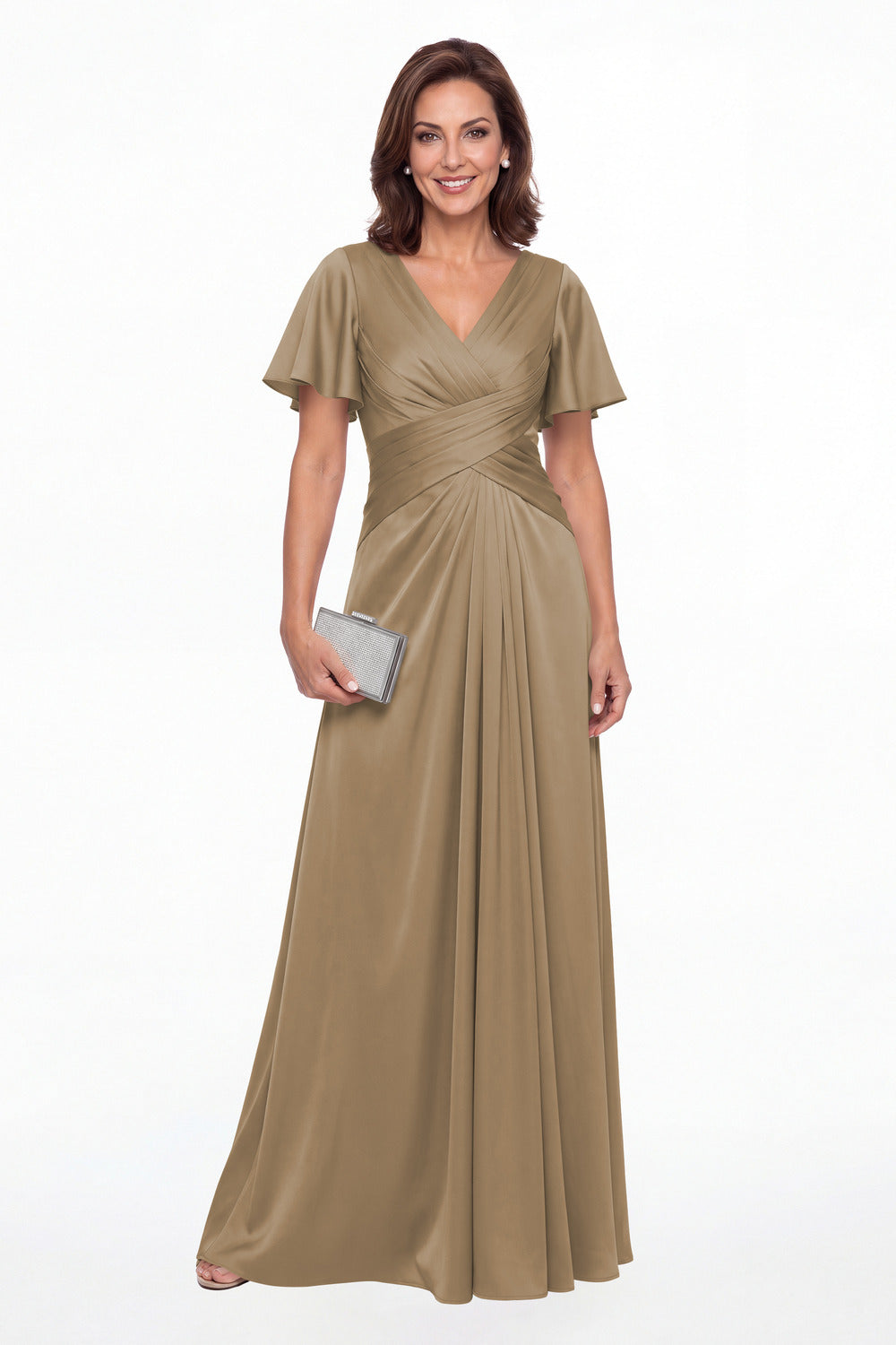Taupe V Neck Ruched Satin A-Line Maxi Gown - Front View