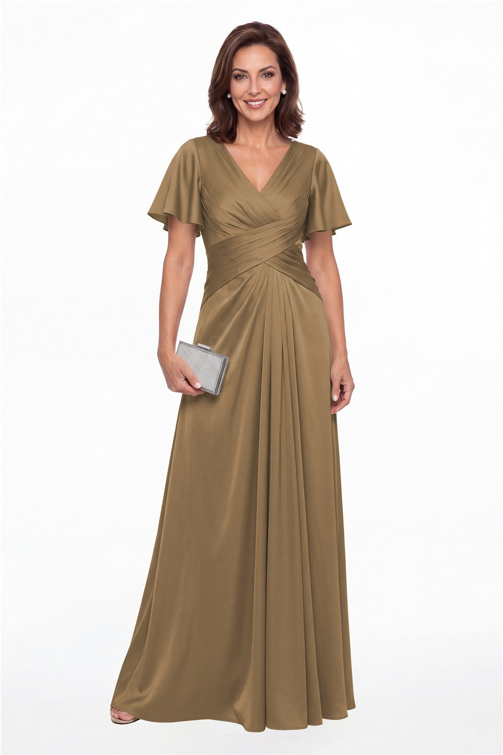 Taupe V Neck Ruched Satin A-Line Maxi Gown - Front View