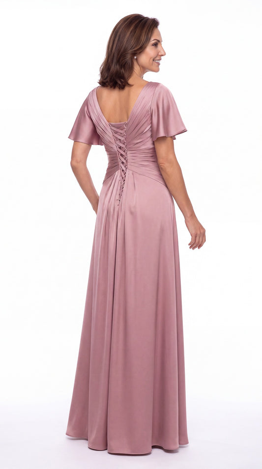 V Neck Ruched Satin A-Line Maxi Gown - Back View