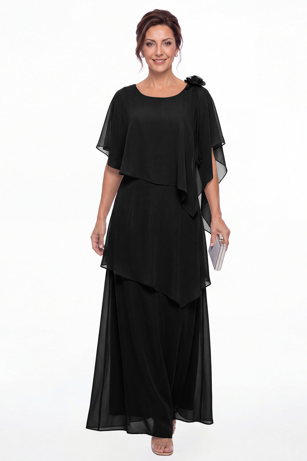 Black Scoop Cape Layered Chiffon Maxi Gown - Front View