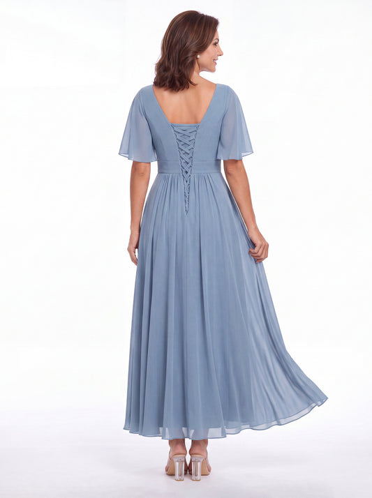 Black V-Neck Flutter Sleeve Chiffon A-Line Maxi Gown - Front View