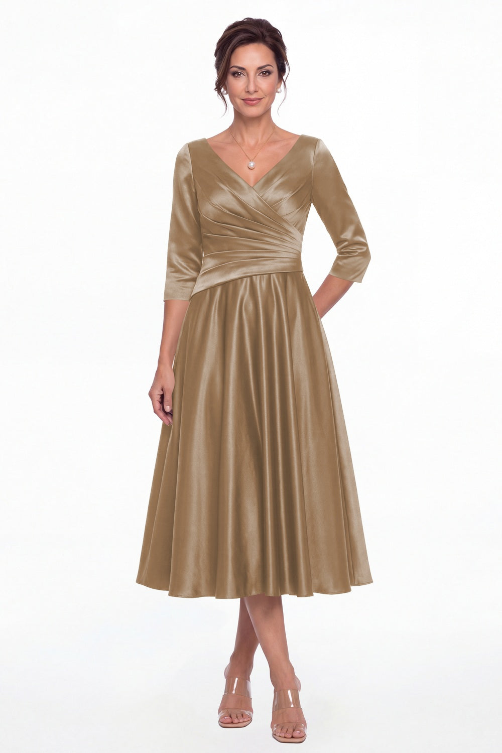 Taupe V Neck Ruched Satin A-Line Midi Dress - Front View