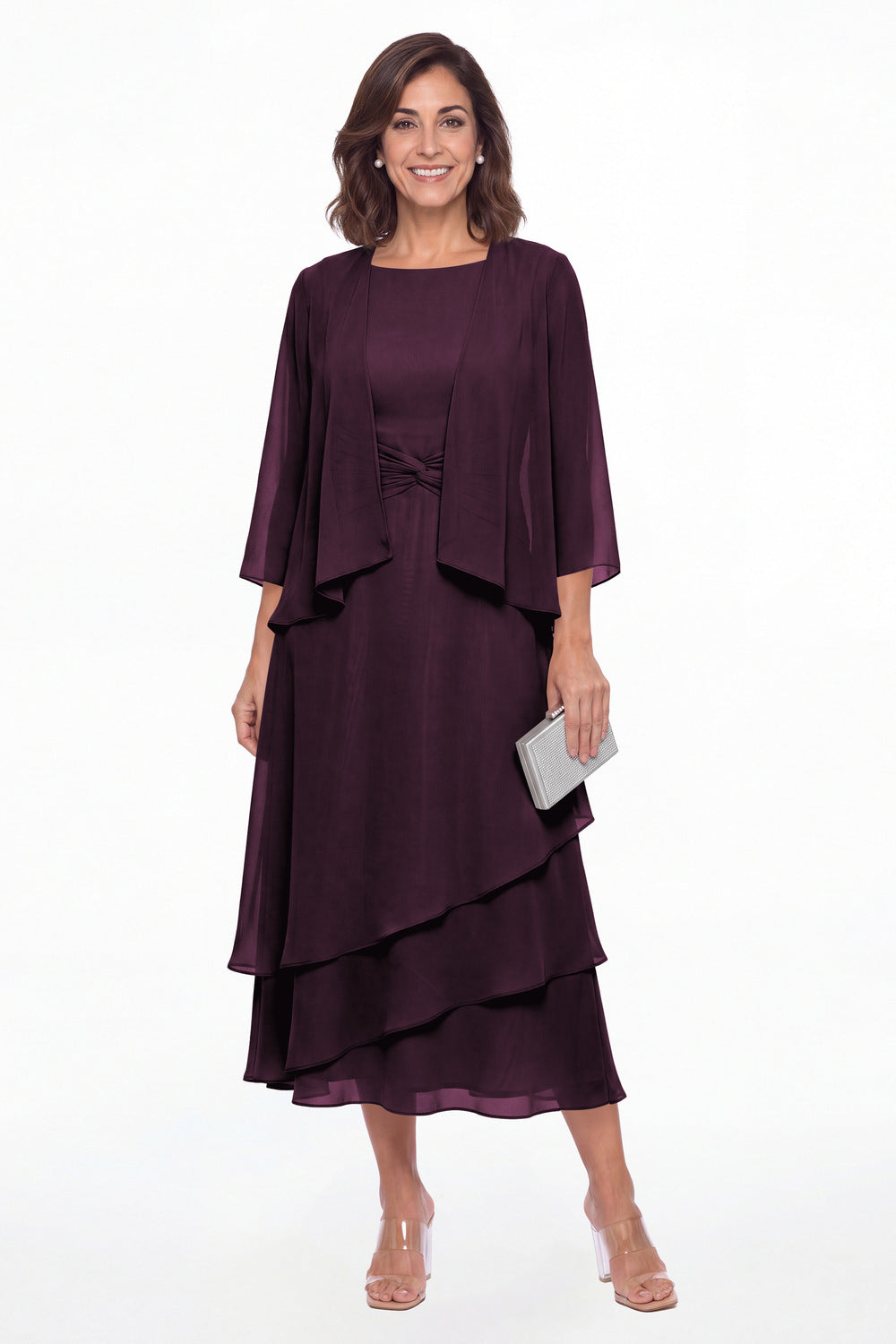 Plum Two-Piece Ruched Layered Chiffon Midi Dress - Front View