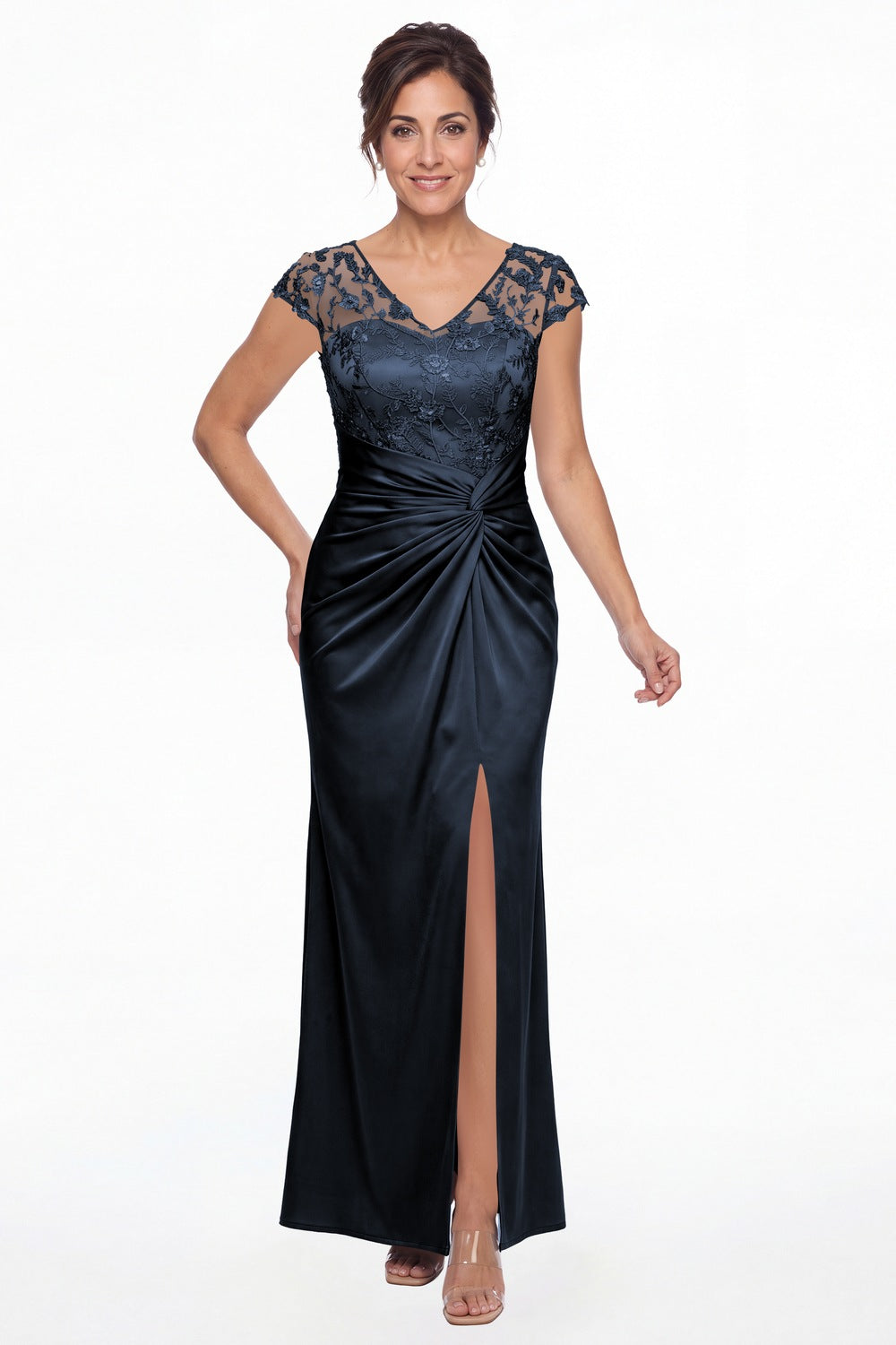 Navy Blue V Neck Lace Cap Sleeve Ruched Satin Slit Maxi Gown - Front View