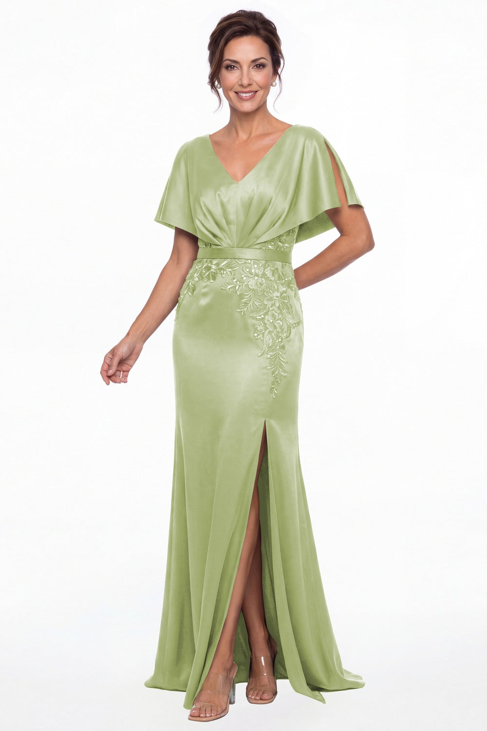 Sage Green Cape Sleeve Lace Applique Satin Slit Maxi Gown - Front View