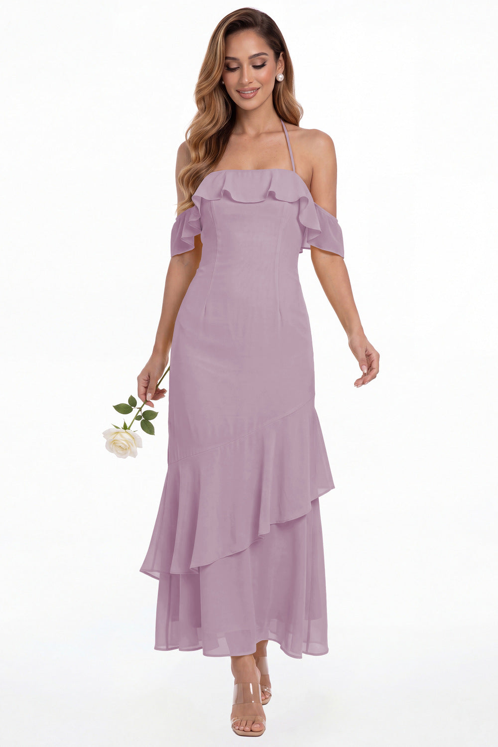 Wisteria Off Shoulder Chiffon Ruffle A-Line Maxi Gown - Front View