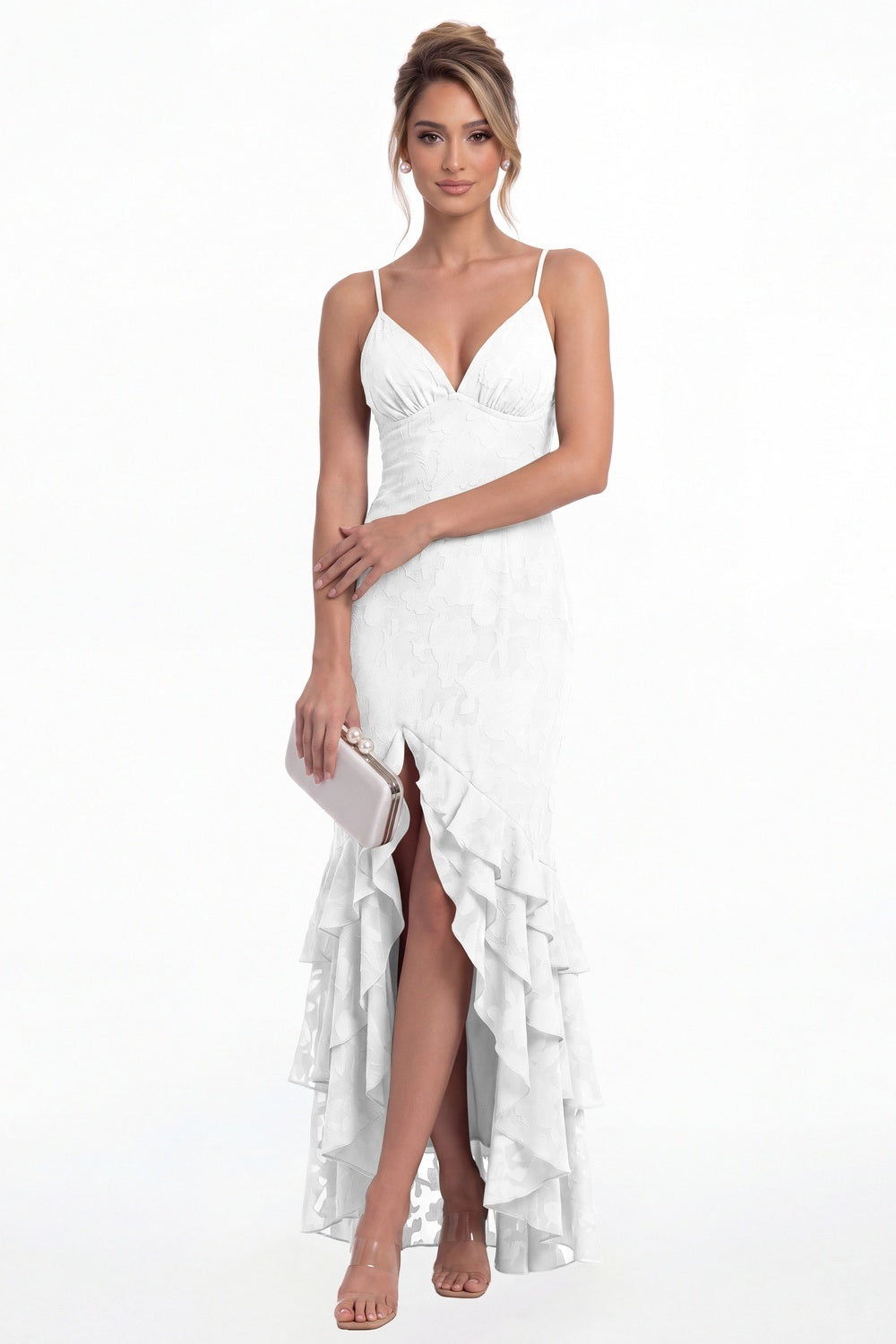 White V Neck Floral Burnout Tiered Ruffle Slit Maxi Gown - Front View
