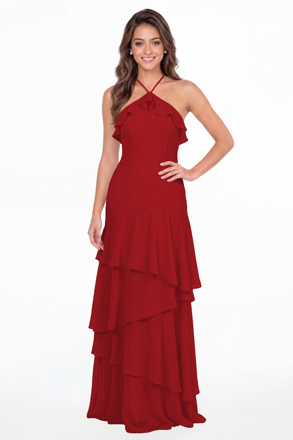 Wine Red Halter Ruffle Tiered Chiffon Maxi Gown - Front View