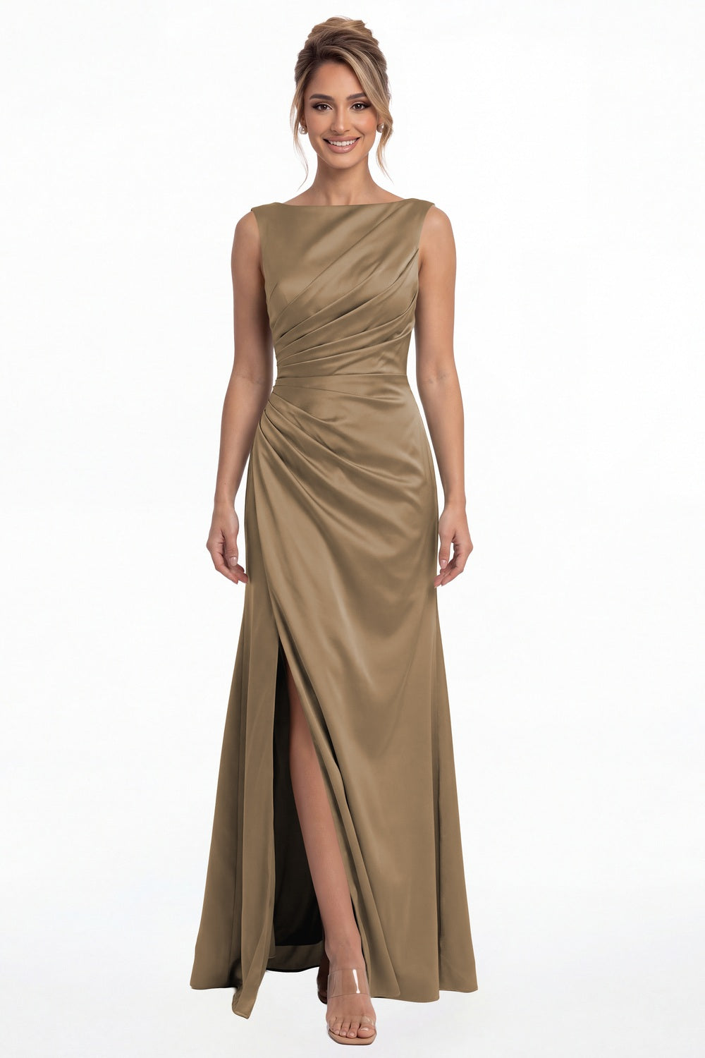 Taupe Bateau Neck Ruched Satin Slit Maxi Dress - Front View
