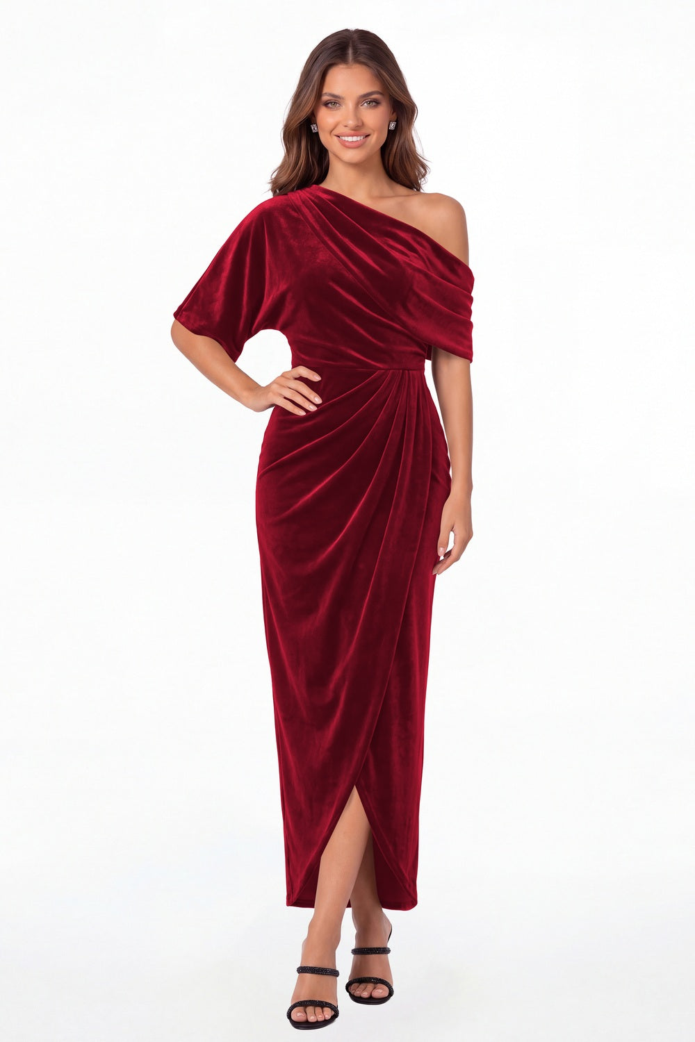 Wine Red One Shoulder Velvet Ruched Draped Slit Maxi Gown - Front View