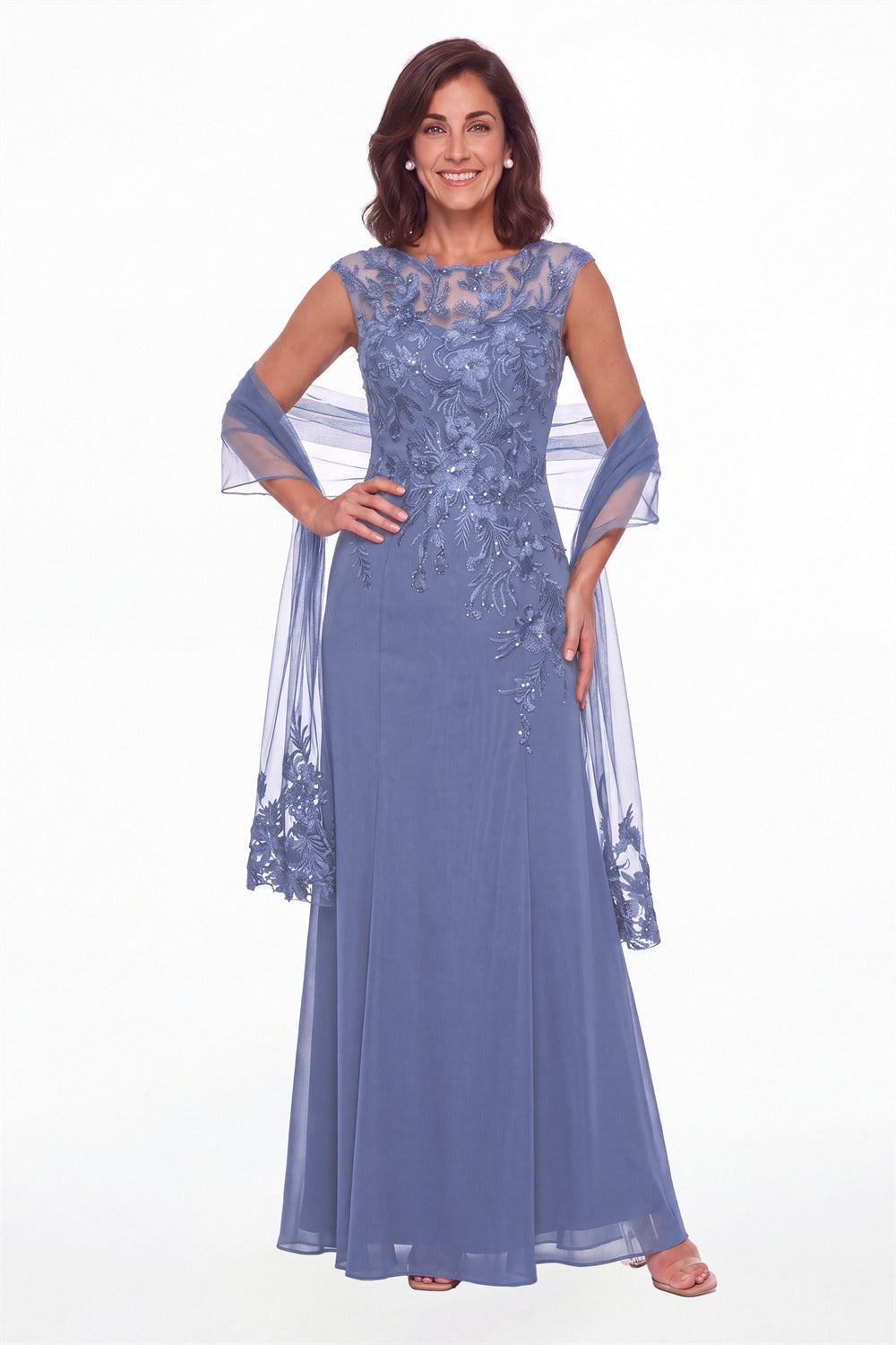 Steel Blue Lace Applique Scoop Neck Chiffon Sheath Maxi Gown - Front View