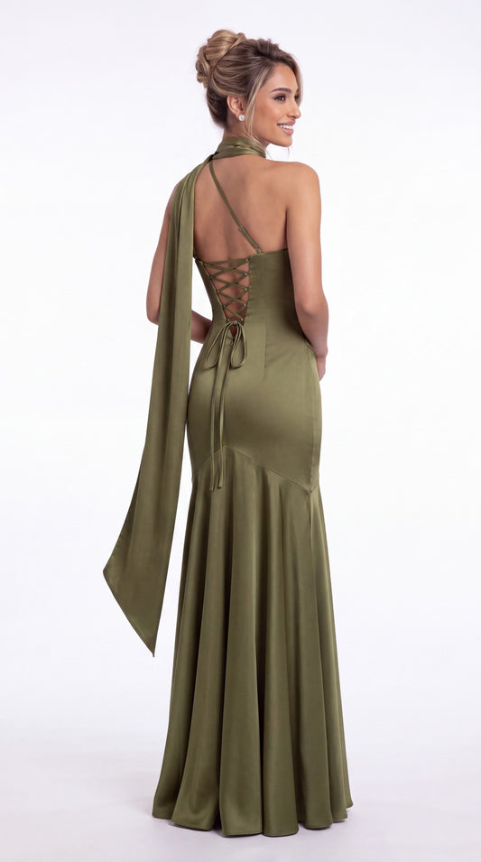 One Shoulder Ruched Satin Sash Mermaid Maxi Gown - Back View