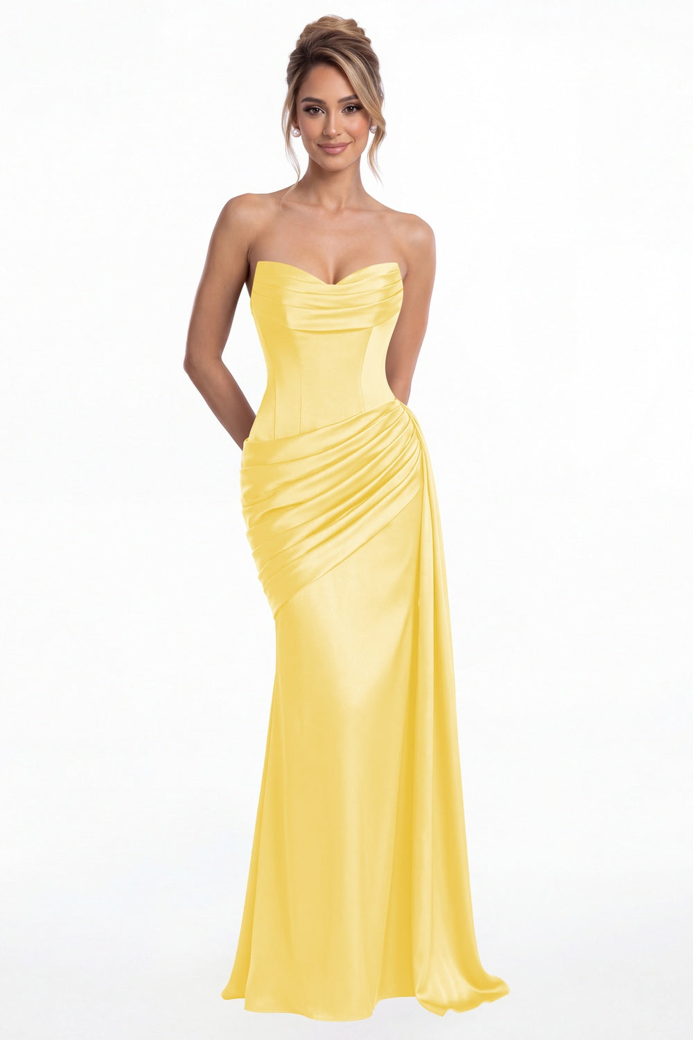 Yellow Sweetheart Satin Ruched Mermaid Maxi Gown - Front View