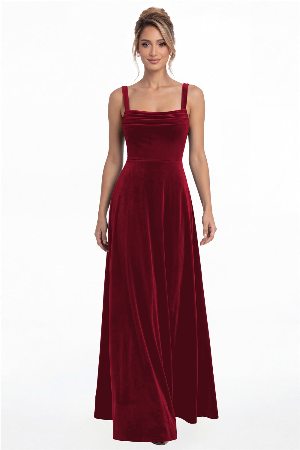 Wine Red Square Neck Ruched Velvet A-Line Maxi Gown - Front View