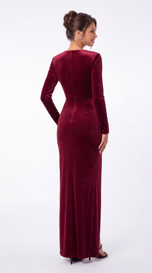 Square Neck Long Sleeve Velvet Ruched Slit Maxi Gown - Back View