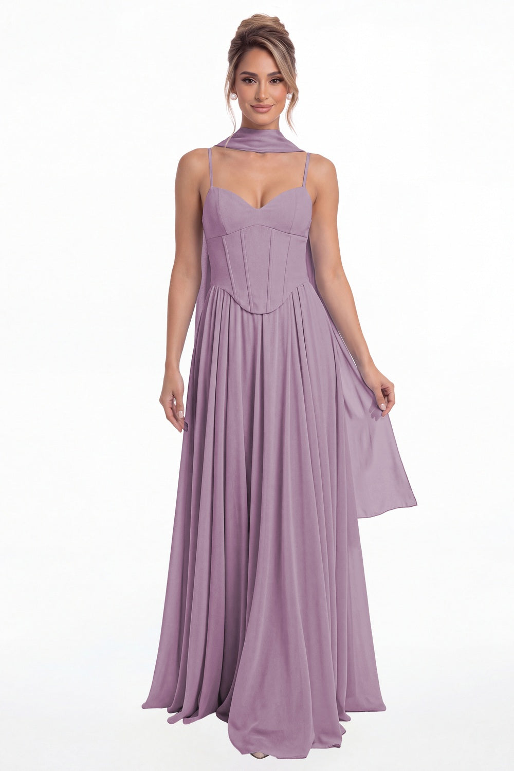 Wisteria Sweetheart Adjustable Strap Chiffon A-Line Maxi Gown - Front View