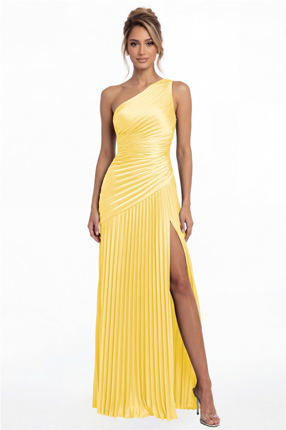 Yellow One-Shoulder Pleated Satin Slit Maxi Gown - Front View