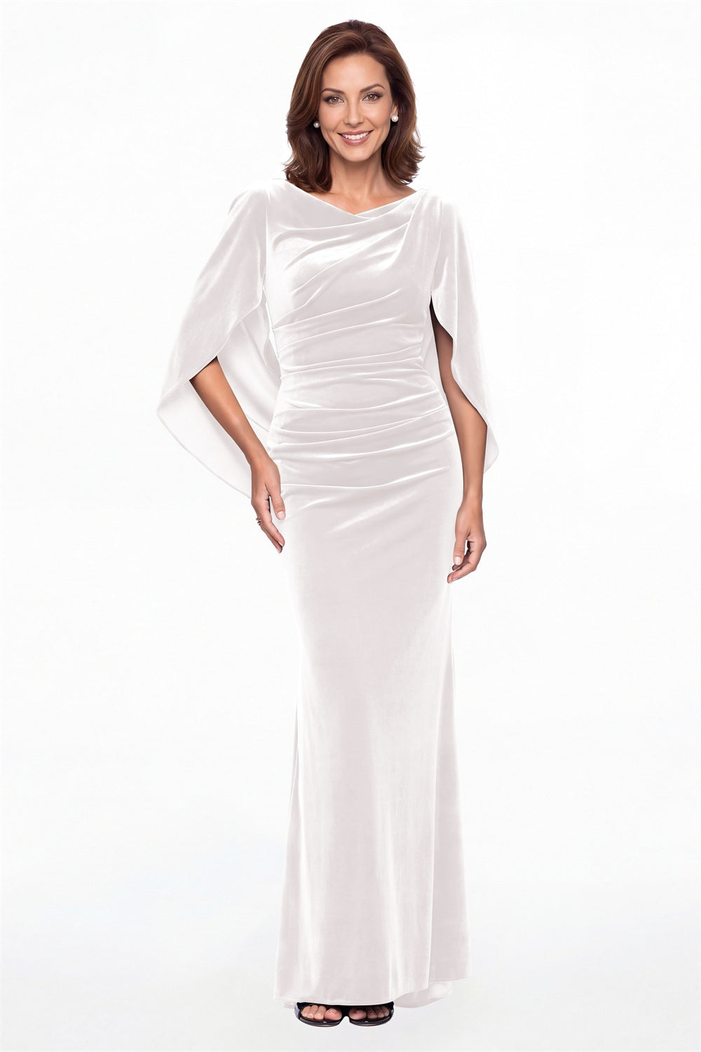 White Cape Sleeve Ruched Velvet Mermaid Maxi Gown - Front View