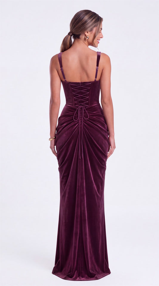 Sweetheart Corset Velvet Ruched Slit Maxi Dress - Back View