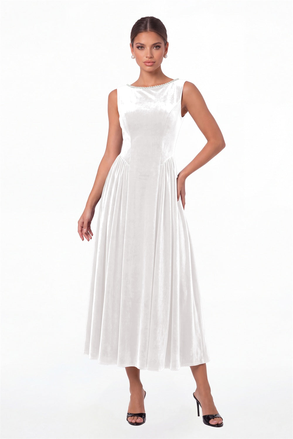 White Scoop Neck Velvet Ruched Pearl Midi Dress - Front View