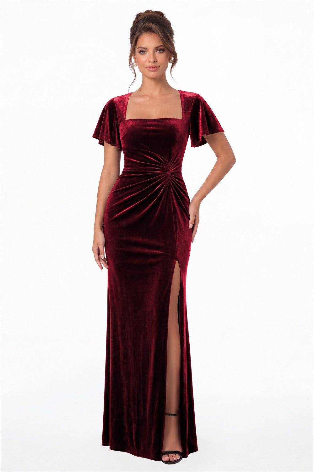 Wine Red Square Neck Flutter Sleeve Velvet Ruched Slit Maxi Gown - Front View