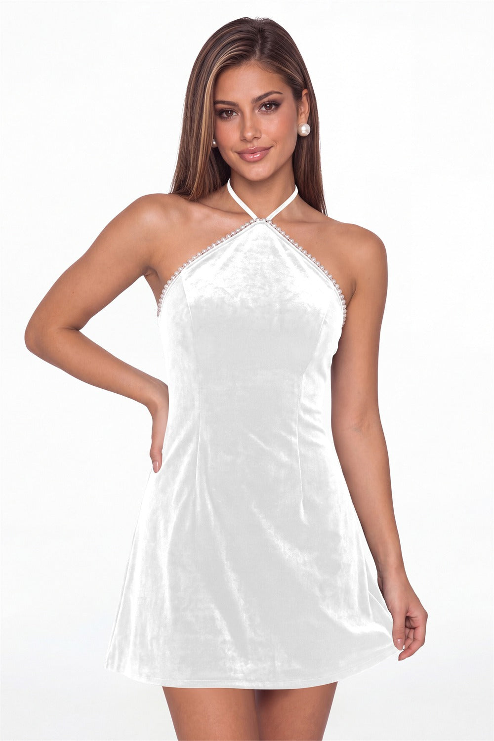 White Halter Velvet Pearl Mini Dress - Front View