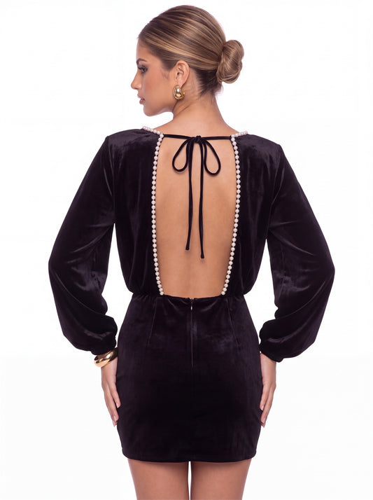 Scoop Neck Long Sleeve Pearl Velvet Mini Dress - Back View
