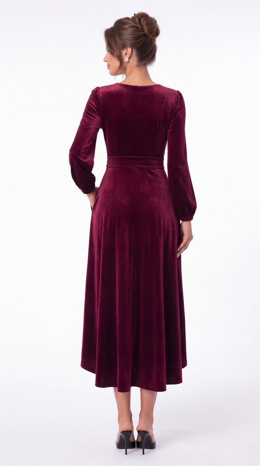Long Sleeve Velvet Wrap High-Low Dress - Back View