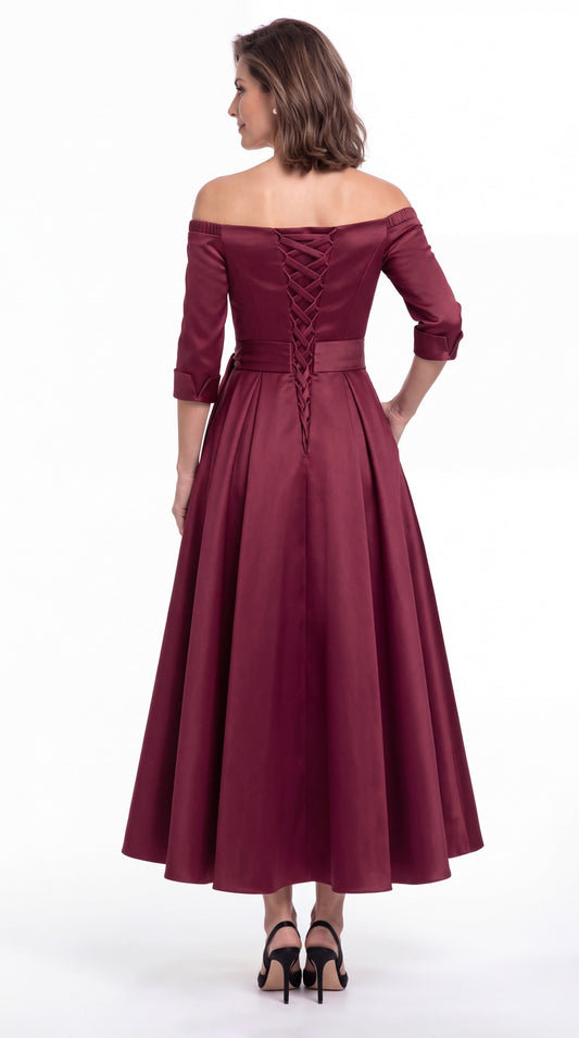 Off-the-Shoulder Fringe Satin Ankle-Length Dress - Back View